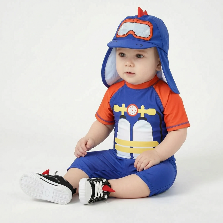 Essential boys' summer swimsuit set: cartoon print, UPF 50+ sun protection, quick-dry fabric, includes hat.