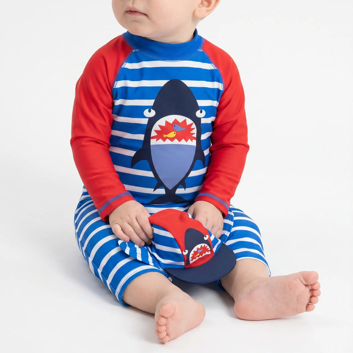 Toddler boys' UPF 50+ sun protection swimwear set, vibrant cartoon print, quick-dry fabric, includes hat.