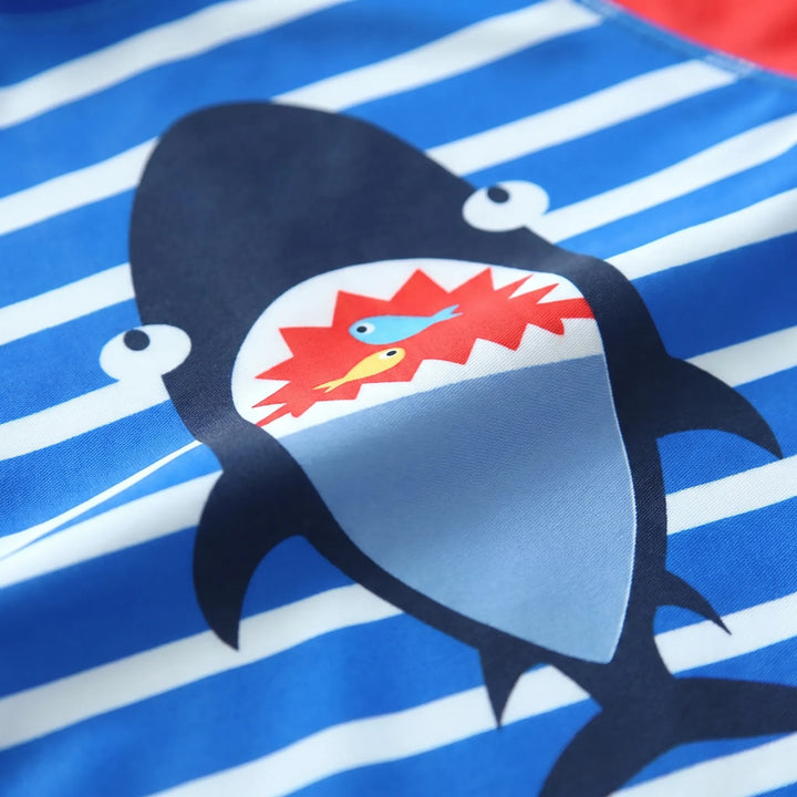 Fun cartoon print boys' kids swimsuit set, UPF 50+ sun protection, quick-dry, perfect beach outfit with hat.