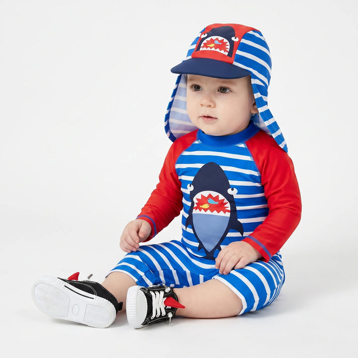 Summer-ready boys' cartoon swimwear set, UPF 50+ sun protection, includes matching hat for beach & pool.