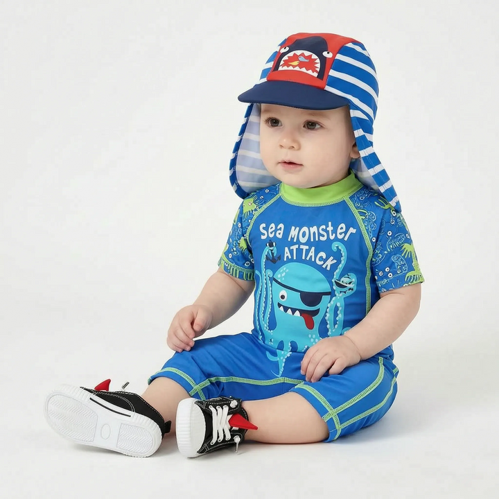 Quick-dry cartoon boys' toddler swim set, UPF 50+ sun protection, ideal for active kids, comes with a hat.