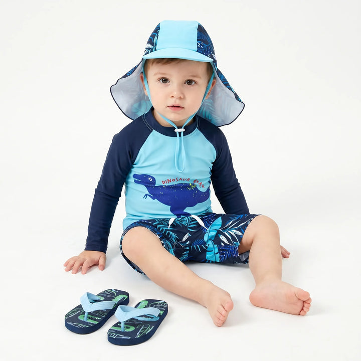 Kids' UPF 50+ sun protection cartoon swimsuit set, comfortable & quick-dry, includes matching beach hat.