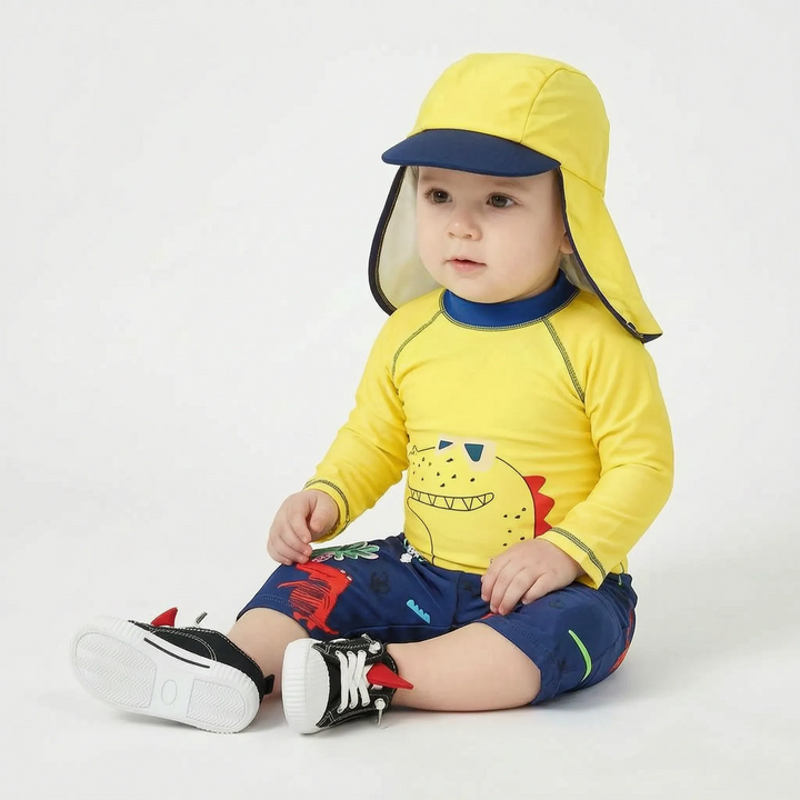 Adorable cartoon boys' swimwear set: UPF 50+ sun protection, quick-dry fabric, matching sun hat for toddlers.