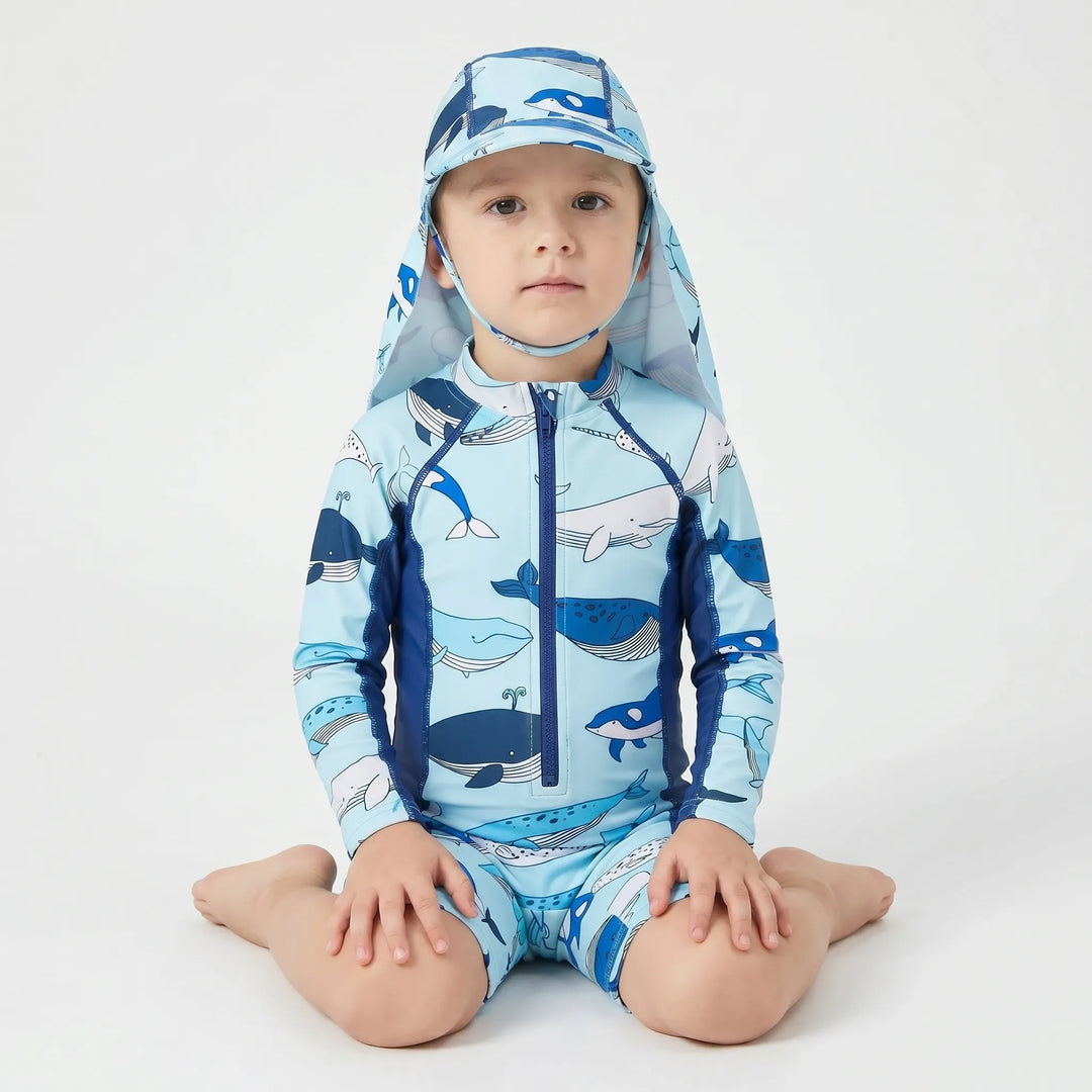 Complete boys' cartoon UPF 50+ sun protection swimwear set, includes swim top, shorts, and matching hat.