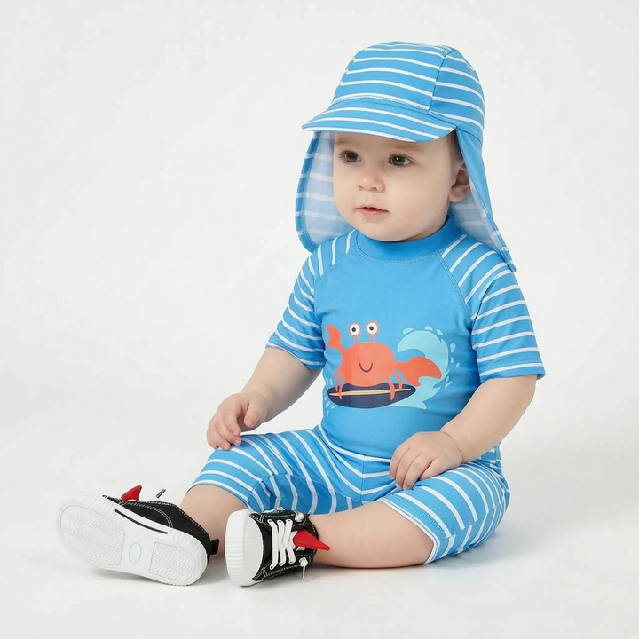 Vibrant cartoon print boys' swimwear set for toddlers, UPF 50+ sun protection, quick-dry, with matching hat.