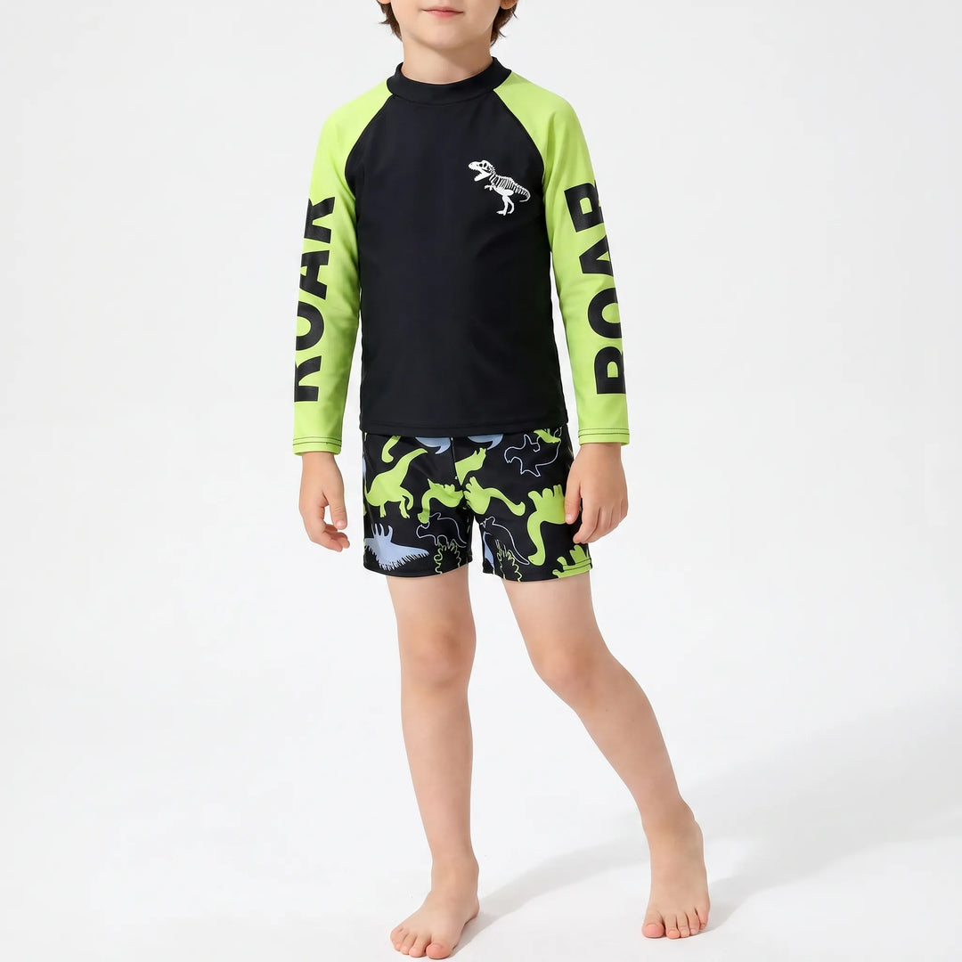 Kids' blue dinosaur rash guard swimsuit set, perfect for boys' summer beach activewear & sun protection.