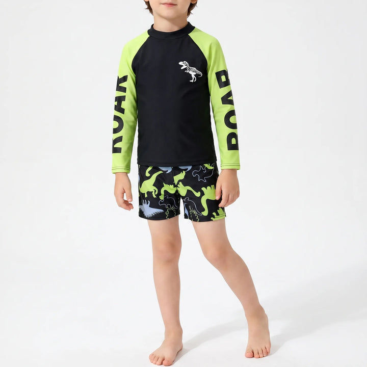 Kids' blue dinosaur rash guard swimsuit set, perfect for boys' summer beach activewear & sun protection.