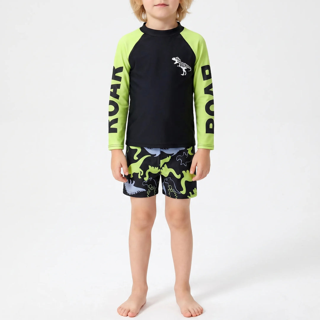 Vibrant boys' dinosaur print rash guard swim set ensures UPF 50+ sun protection during summer water play.