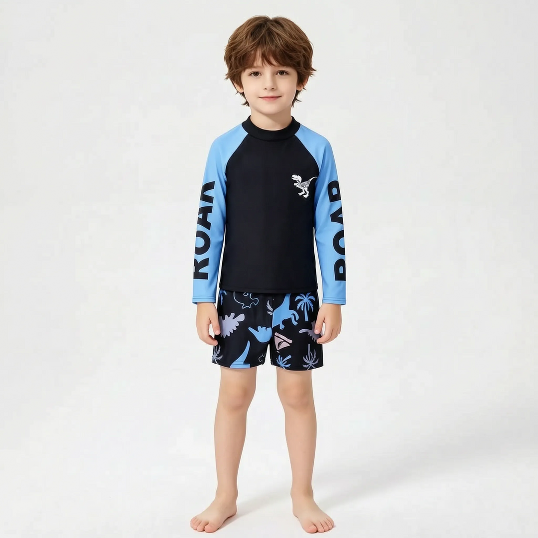 Young boys' two-piece dinosaur rash guard swimsuit for active children, providing excellent sun protection.