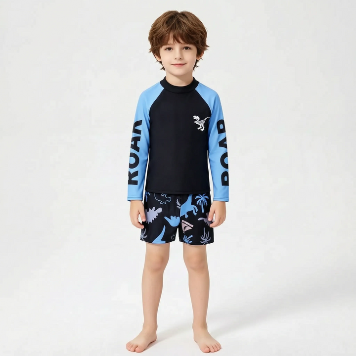 Young boys' two-piece dinosaur rash guard swimsuit for active children, providing excellent sun protection.