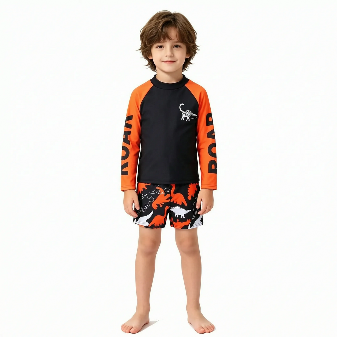 Boys' dinosaur rash guard swimwear set with UPF 50+ sun protection, ideal for kids' summer beach & pool.