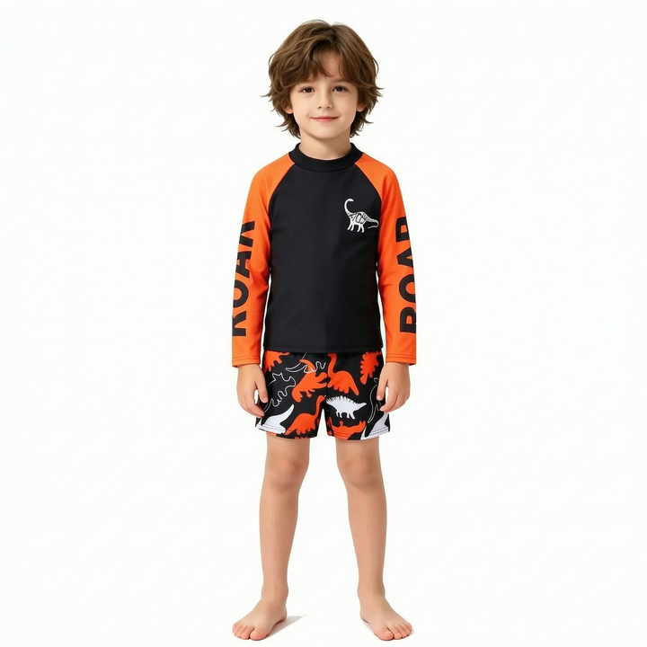 Boys' dinosaur rash guard swimwear set with UPF 50+ sun protection, ideal for kids' summer beach & pool.