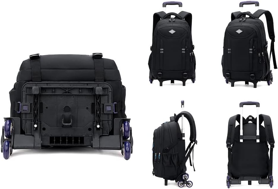 Convertible boys' rolling backpack; a durable multi-pocket school bag & trolley for easy transport.