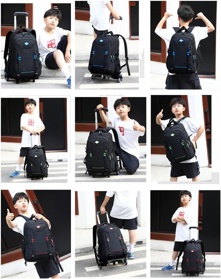Durable nylon boys' rolling backpack, multi-pocket convertible school bag & trolley for active kids.