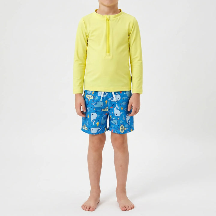 Toddler boys' long sleeve rash guard. Blue, sun protective top for swimming and beach play.