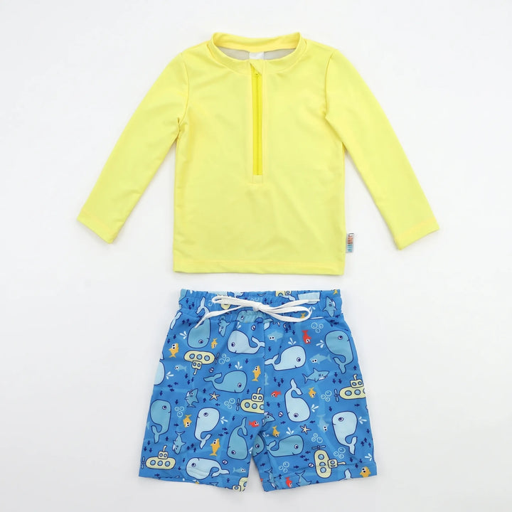 Sun-protective boys' long sleeve rash guard and swim trunks set, ideal for toddlers at the pool or beach.