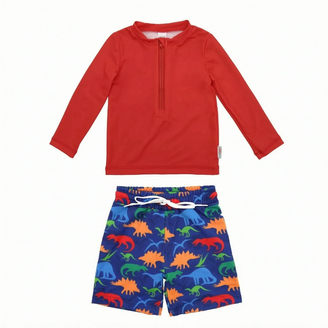 Stylish boys' long sleeve swimwear set, featuring a rash guard and coordinating swim trunks for active kids.