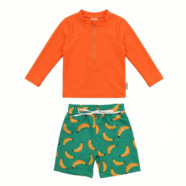 Blue long sleeve boys' rash guard swim top with matching trunks, offering UV sun protection for summer.