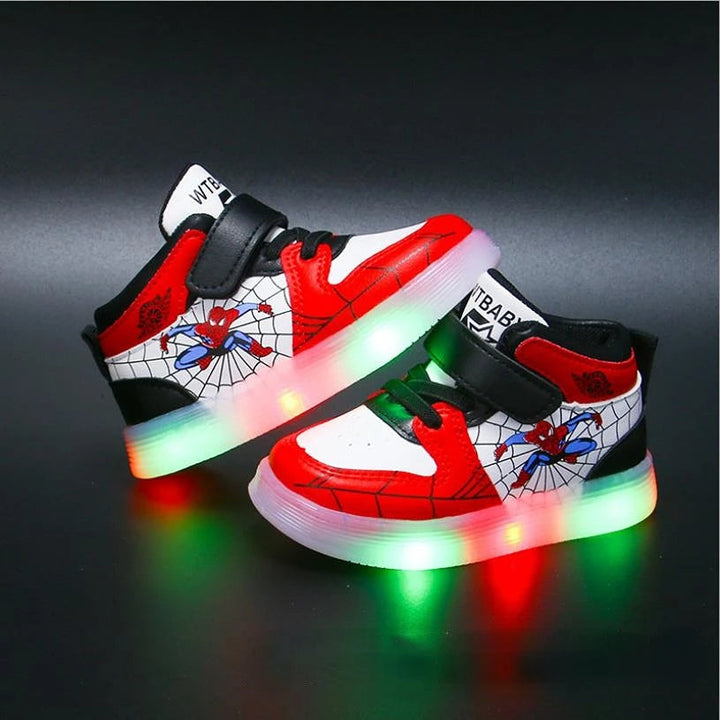 Boys' Spiderman light-up hero sneakers in red, black & blue. Kids' athletic superhero play shoes for adventure.