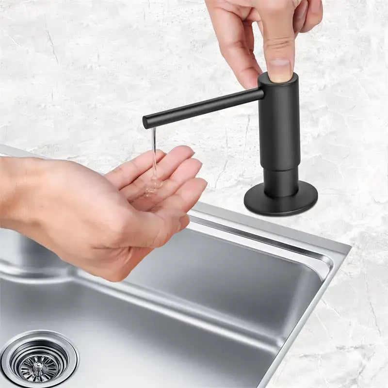 BrassEase built-in kitchen sink soap dispenser with sleek brass pump for liquid soap.