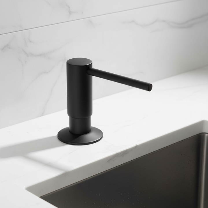Modern kitchen sink organizer: built-in soap dispenser with sleek brass pump for dish soap.