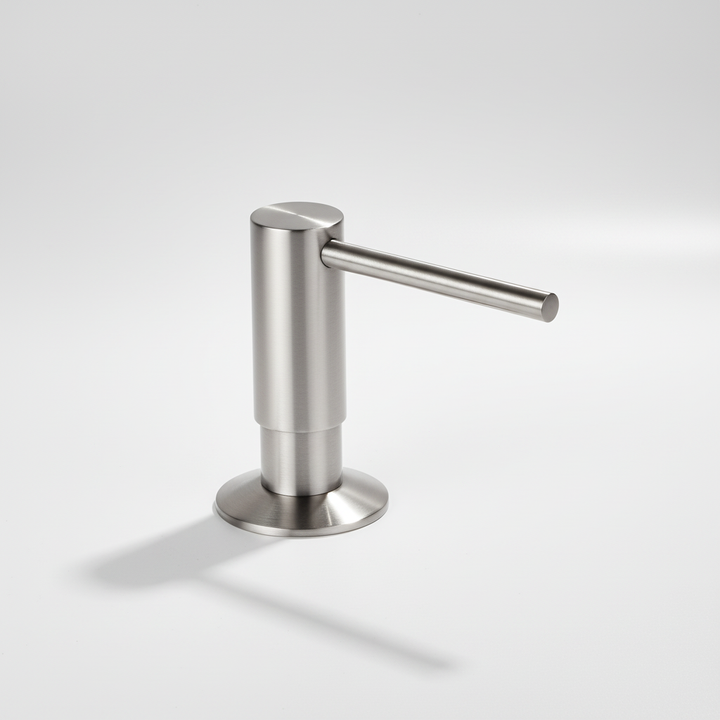 Kitchen sink soap dispenser, BrassEase, showing easy refill design and stylish brass pump.