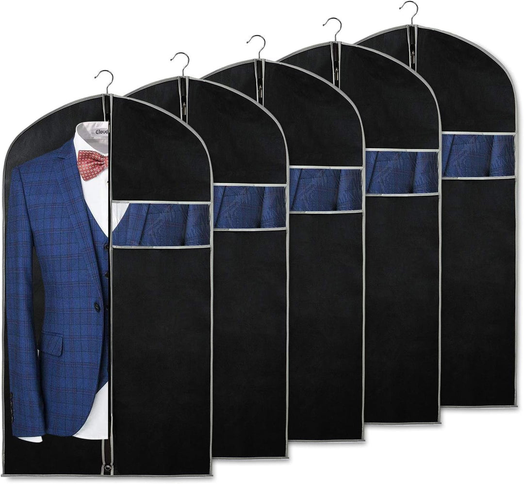 Breathable garment covers with clear window, 10-pack for dust-free clothing storage & closet organization.