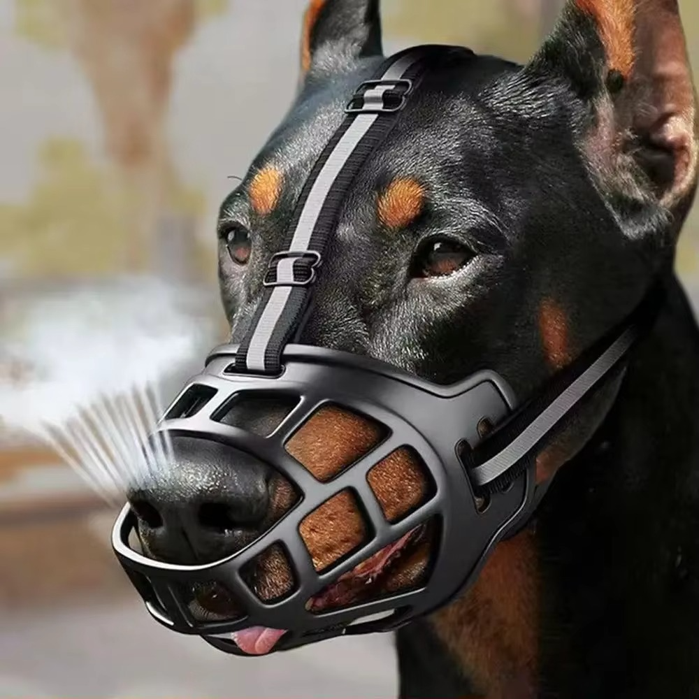 Breathable unisex dog muzzle with reflective trim, designed for anti-bite protection, comfort & water-friendly use.