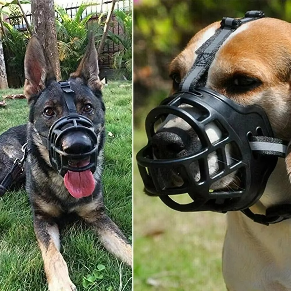 Close-up of a breathable, water-friendly dog muzzle, showcasing comfortable fabric and secure, adjustable anti-bite design.
