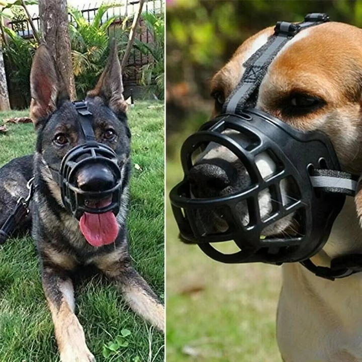 Close-up of a breathable, water-friendly dog muzzle, showcasing comfortable fabric and secure, adjustable anti-bite design.