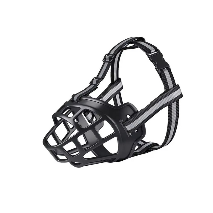 Unisex breathable dog muzzle, featuring adjustable straps for a secure, comfortable fit. Reflective & anti-bite for pet safety.