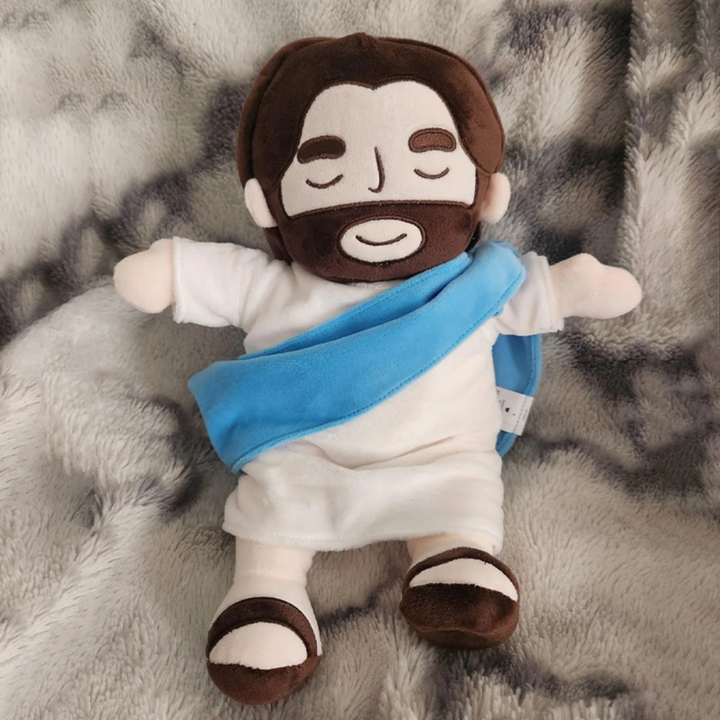 Soft white breathing Jesus plushie, a comforting religious sleep aid for children & kids' toy.