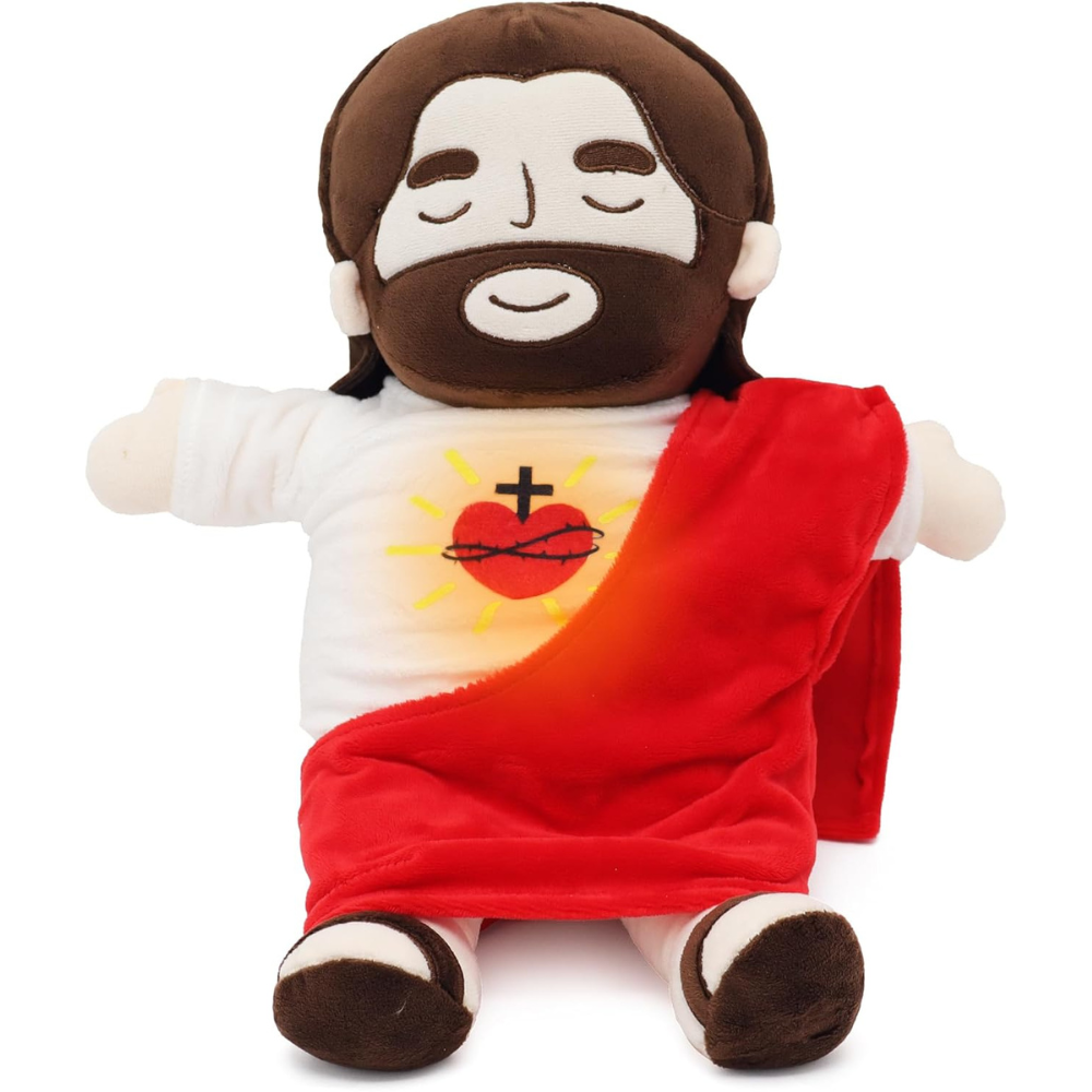 Kids' breathing Jesus plushie, mimics rhythmic breathing for calming sleep aid & comfort. Religious toy.