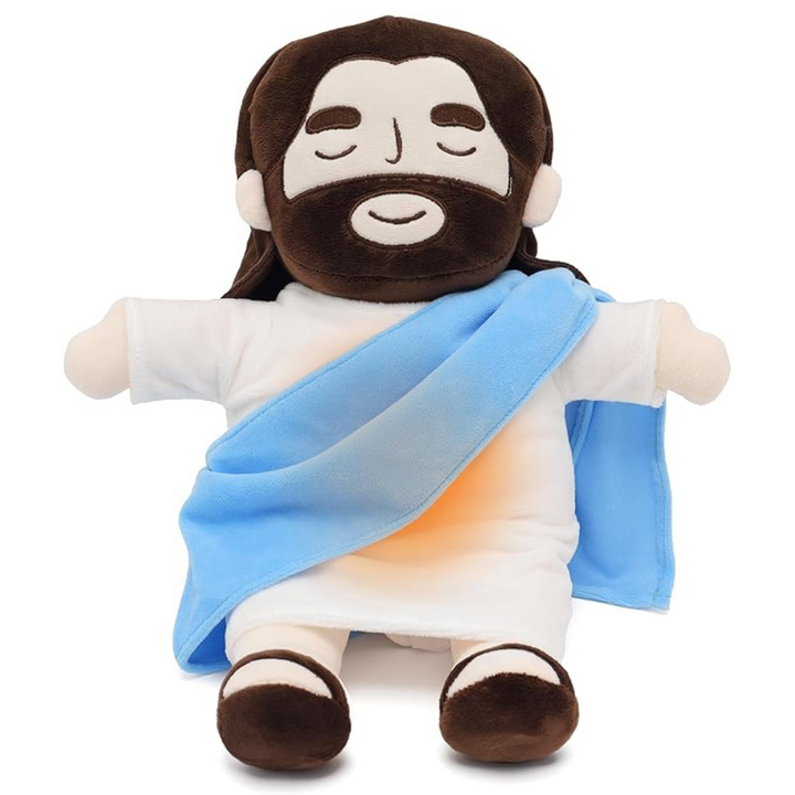 Serene Jesus plushie with breathing motion, a comforting spiritual sleep aid & soothing toy for kids.