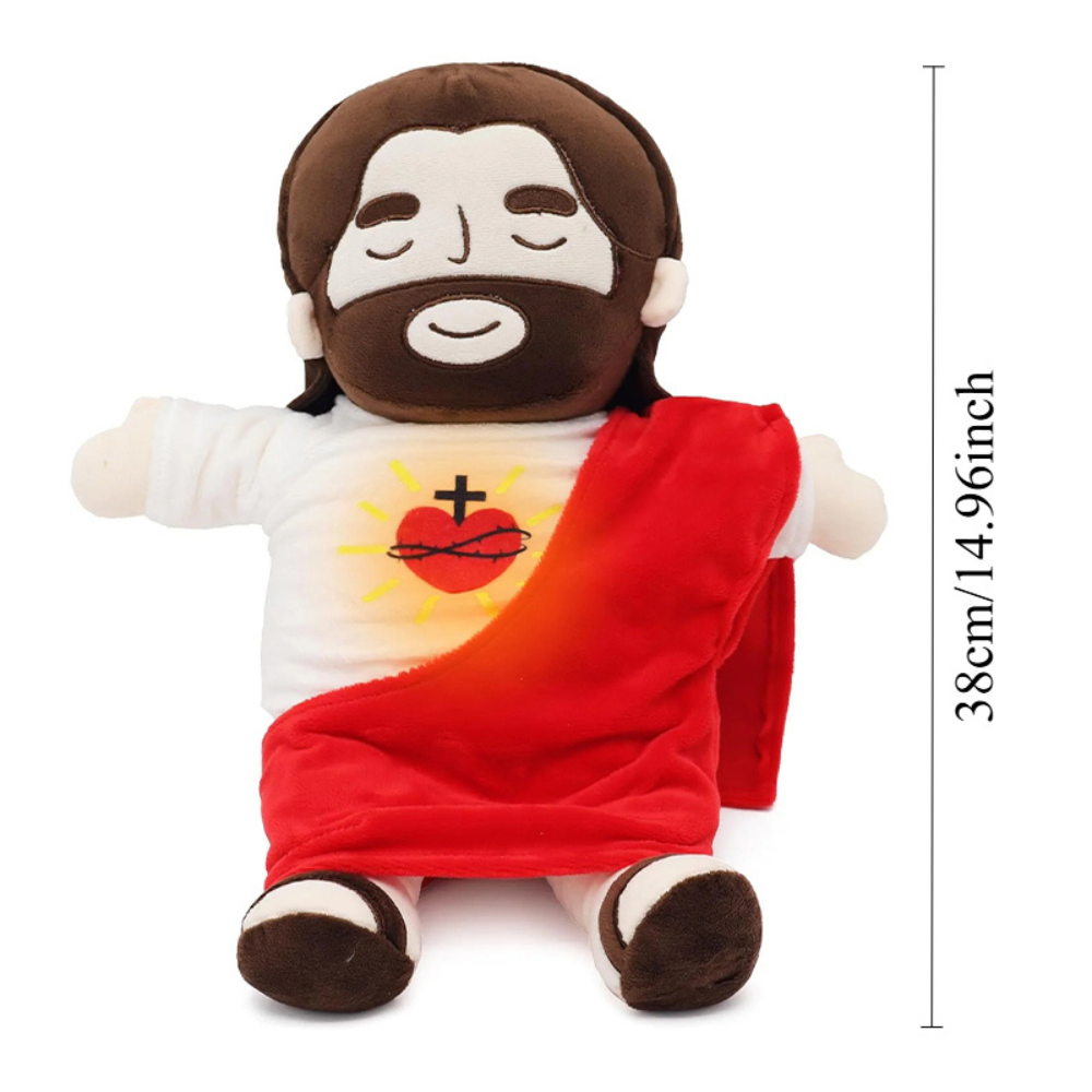 White breathing Jesus plush doll, a soft religious comfort toy & sleep aid for peaceful kids' nights.