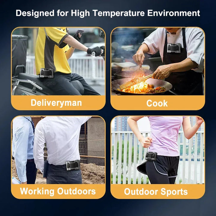 BreezeMate portable fan, detached from waist, showing its versatility as a handheld fan or personal cooler.