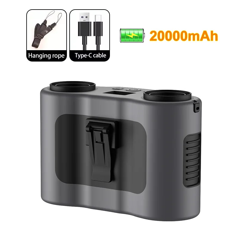 Close-up of BreezeMate waist clip fan's dual air outlets, demonstrating powerful airflow for outdoor activities.