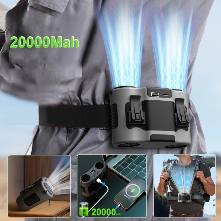 Side view of BreezeMate 20000mAh battery fan, highlighting its compact and portable design for waist clipping.