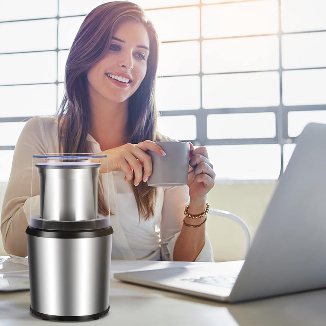 BrewMate electric coffee & spice grinder on a kitchen counter, sleek design, essential home kitchen appliance