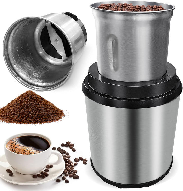 BrewMate electric coffee grinder with removable cup, stainless steel finish, kitchen appliance