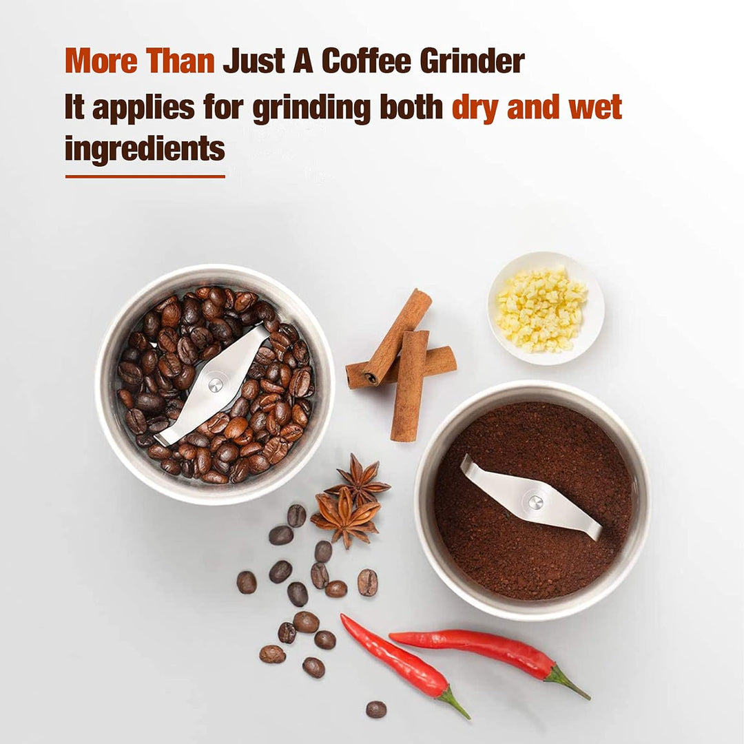 Top view of BrewMate electric grinder, lid visible, sleek design for modern kitchens