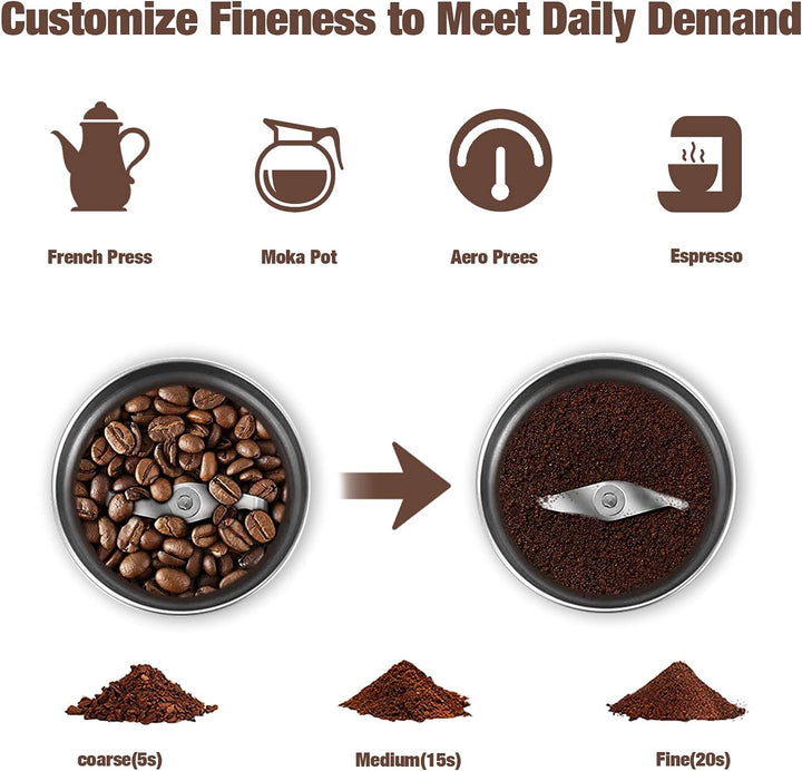 BrewMate electric coffee grinder with removable stainless steel cup, ideal for coffee brewing