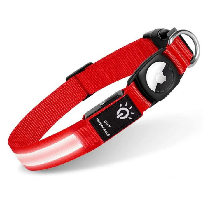 Highly visible LED AirTag dog collar, waterproof for outdoor fun, securing your pet's location.