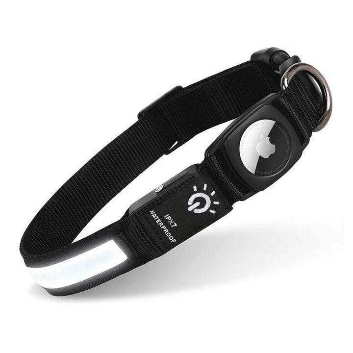 Secure GPS AirTag dog collar with bright LED lights for easy tracking and pet safety at night.