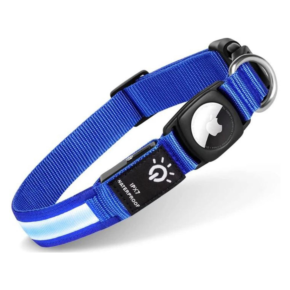 Modern waterproof LED AirTag dog collar, ensuring pet safety, visibility, and secure GPS.