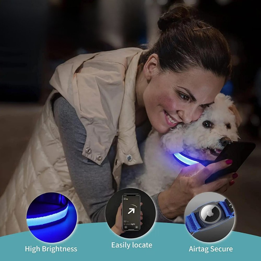 Luminous LED AirTag dog collar, waterproof & tough, for visible and secure pet tracking.