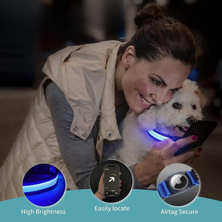 Luminous LED AirTag dog collar, waterproof & tough, for visible and secure pet tracking.