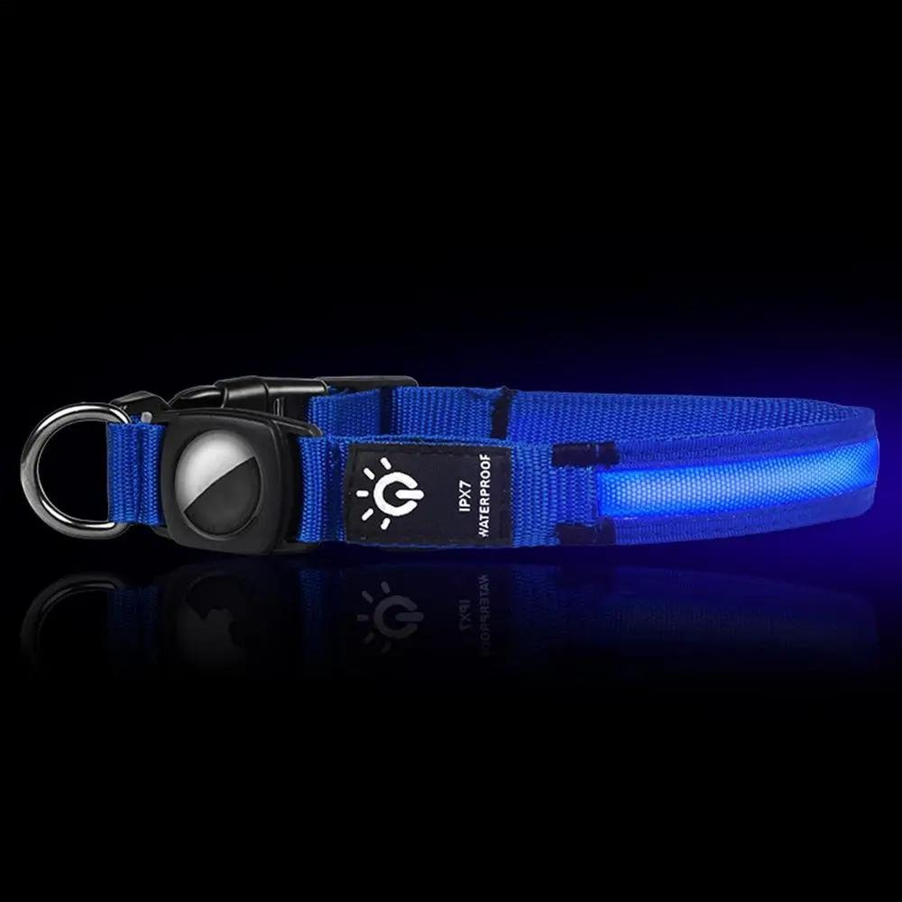 Smart AirTag dog collar, LED illuminated for pet safety & easy GPS location tracking.