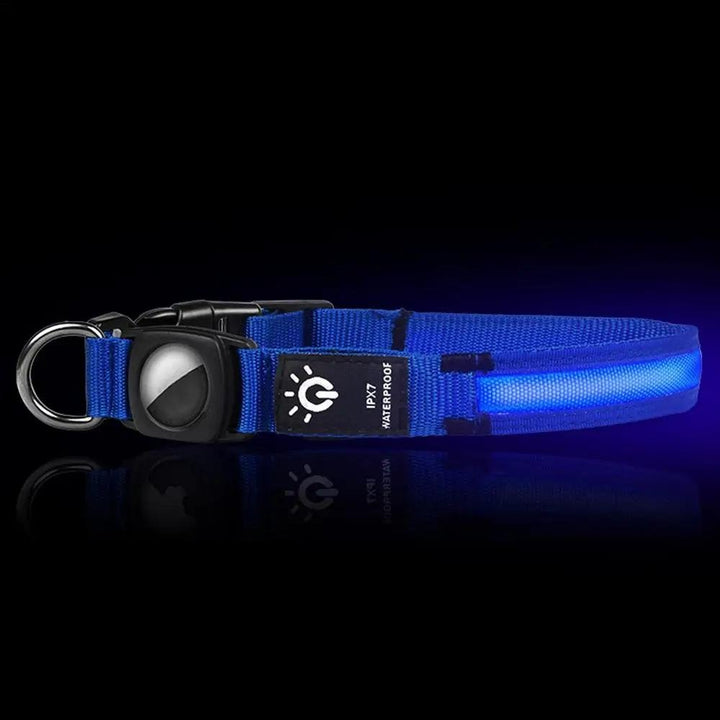 Smart AirTag dog collar, LED illuminated for pet safety & easy GPS location tracking.