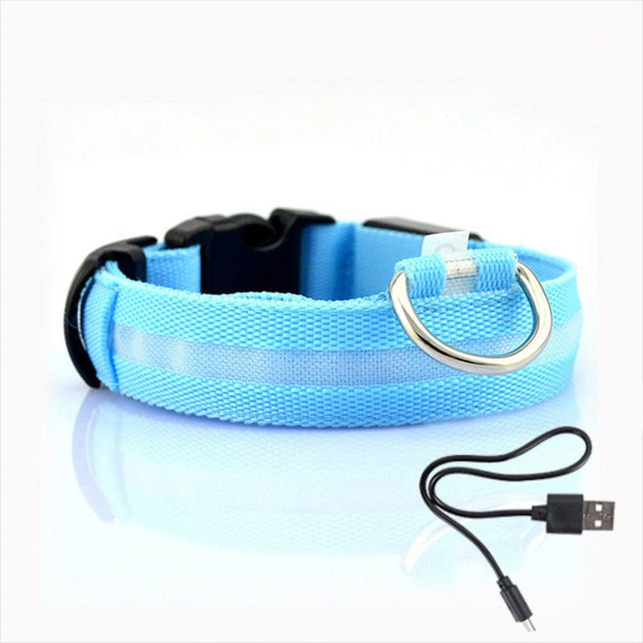 Durable LED dog collar with reflective elements for safe night walks. Rechargeable pet gear, high visibility.